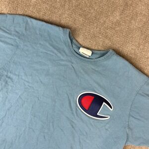 Champion T Shirt Mens XL Blue Script Logo Cotton Crew Neck Short Sleeve Pullover